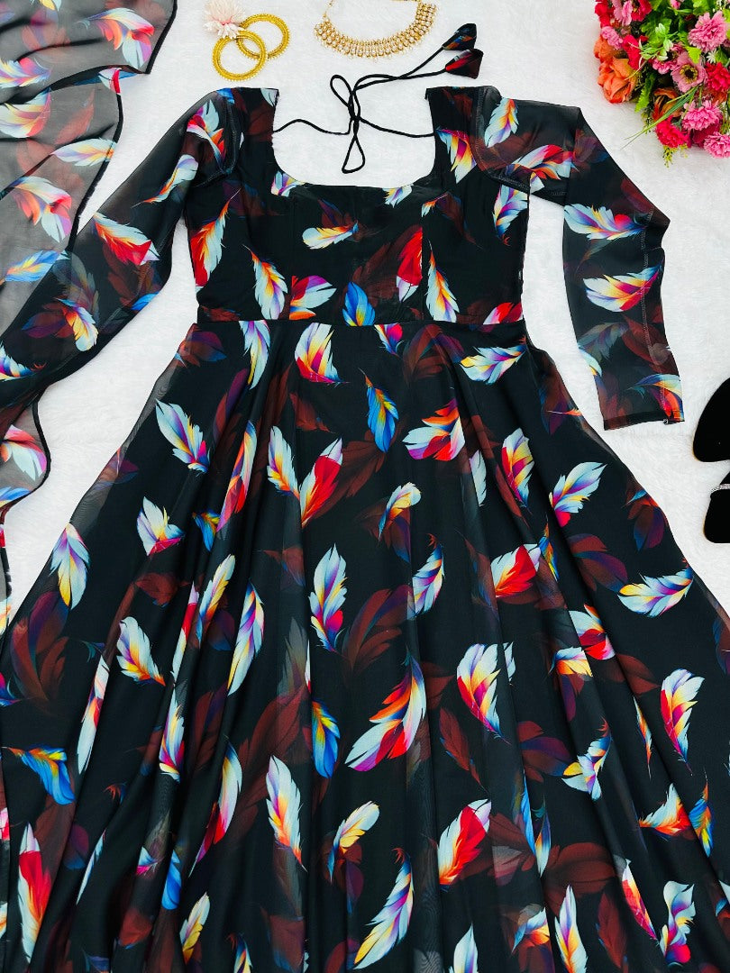 Black organza printed long party wear gown
