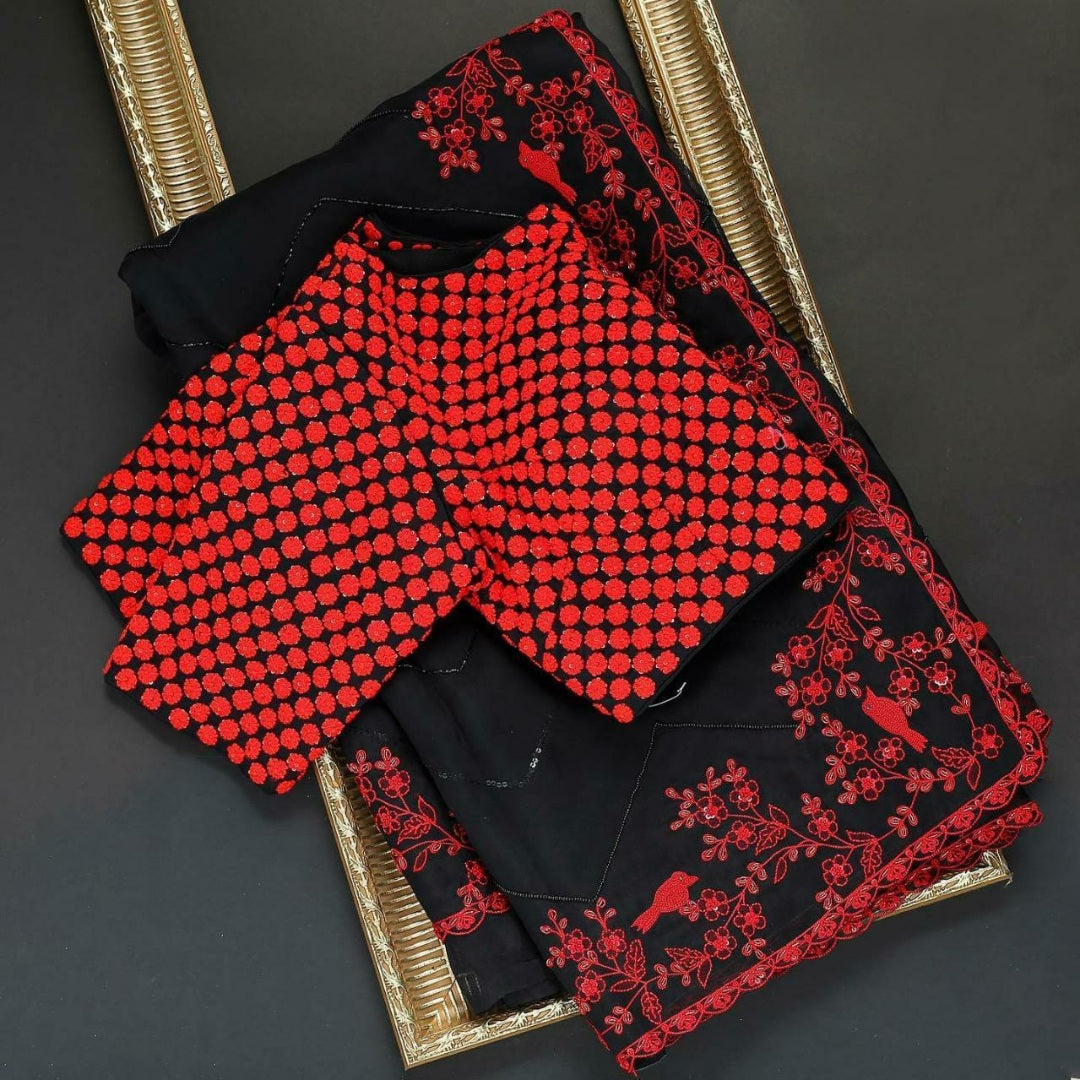 Black organza red thread and sequence embroidered partywear saree