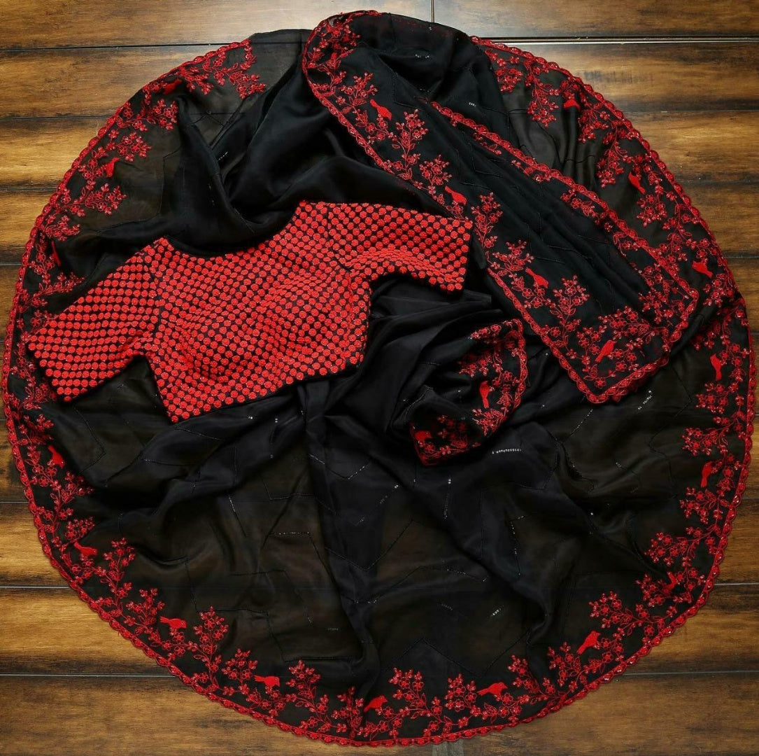 Black organza red thread and sequence embroidered partywear saree