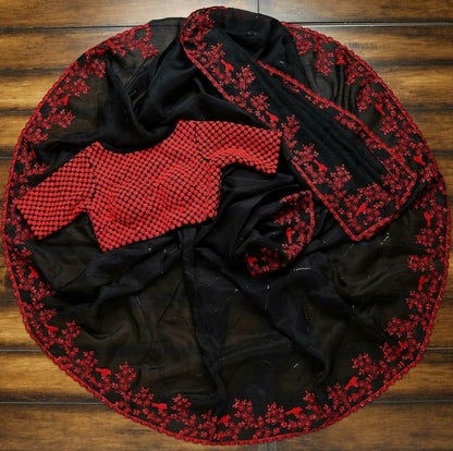 Black organza red thread and sequence embroidered partywear saree