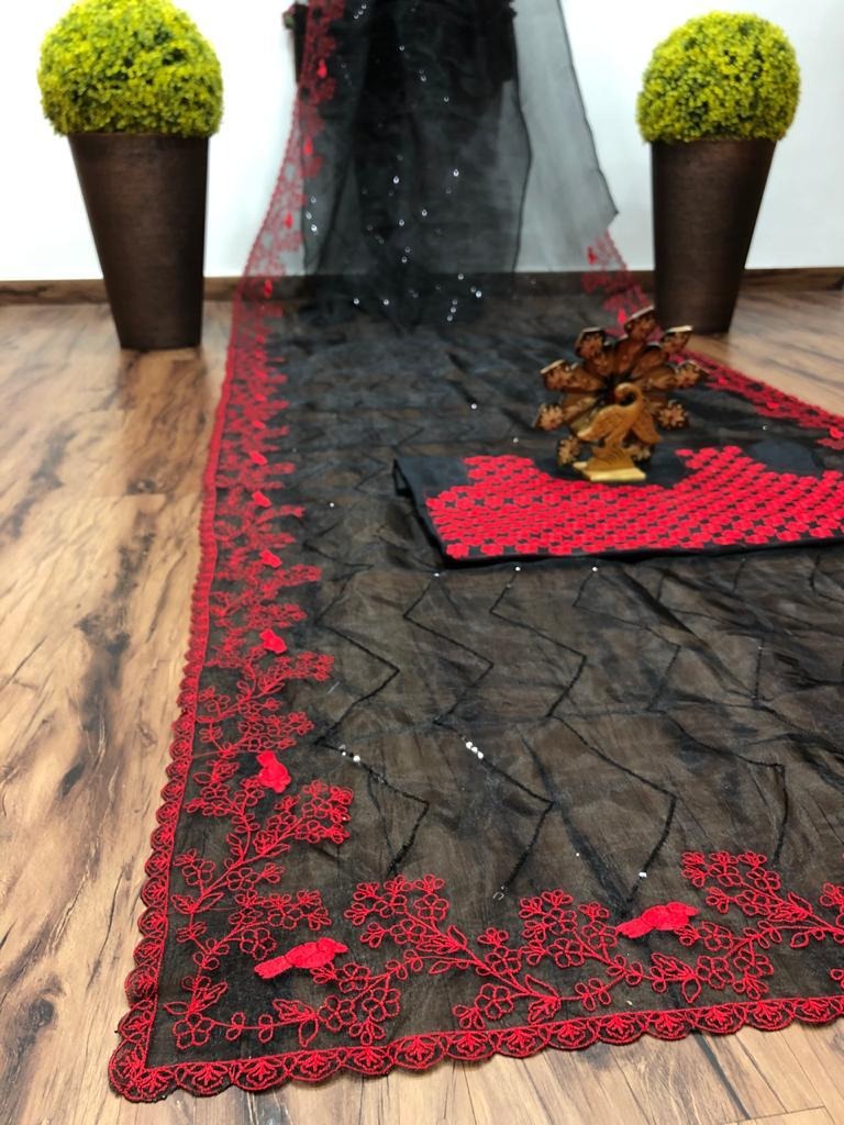Black organza red thread and sequence embroidered partywear saree