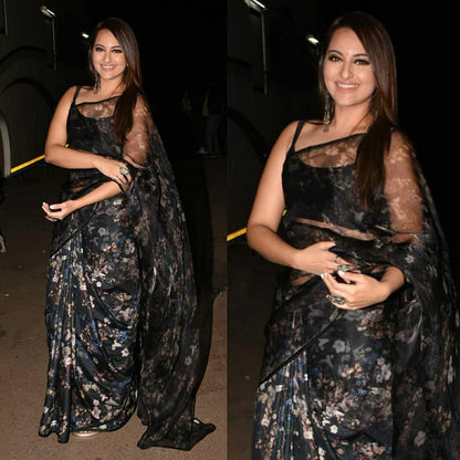 Black organza silk floral printed designer saree