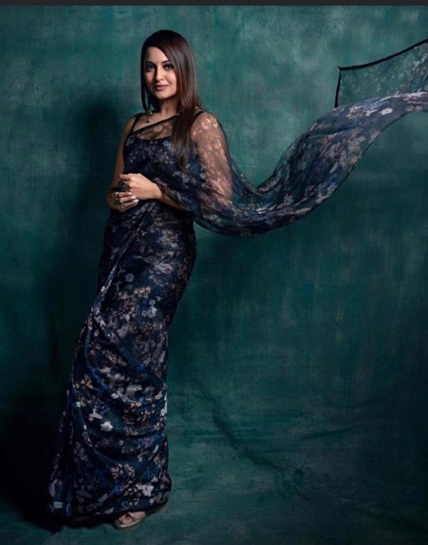 Black organza silk floral printed designer saree