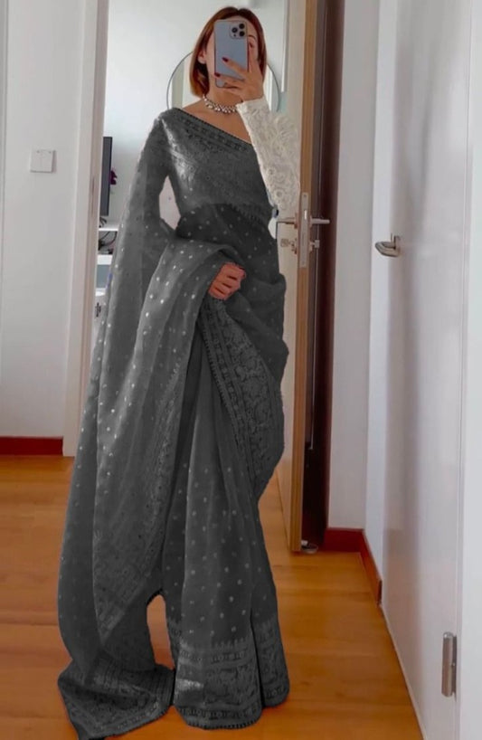Black organza silk heavy thread embroidery work saree for ceremony