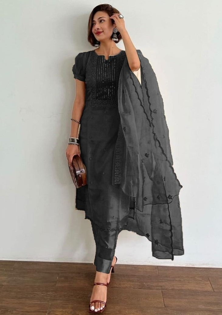 Black organza thread and sequence embroidered salwar suit