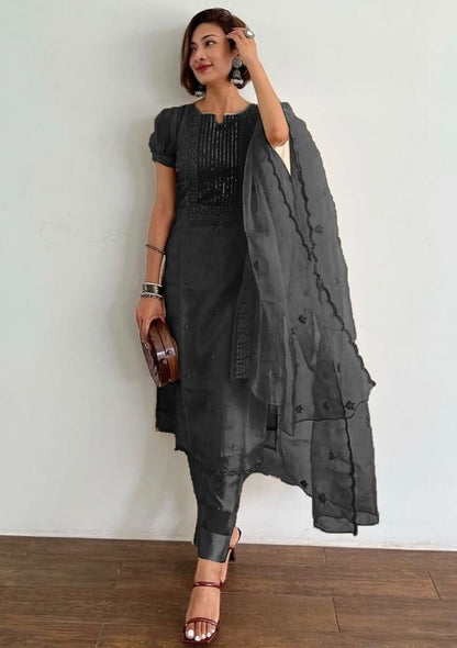 Black organza thread and sequence embroidered salwar suit