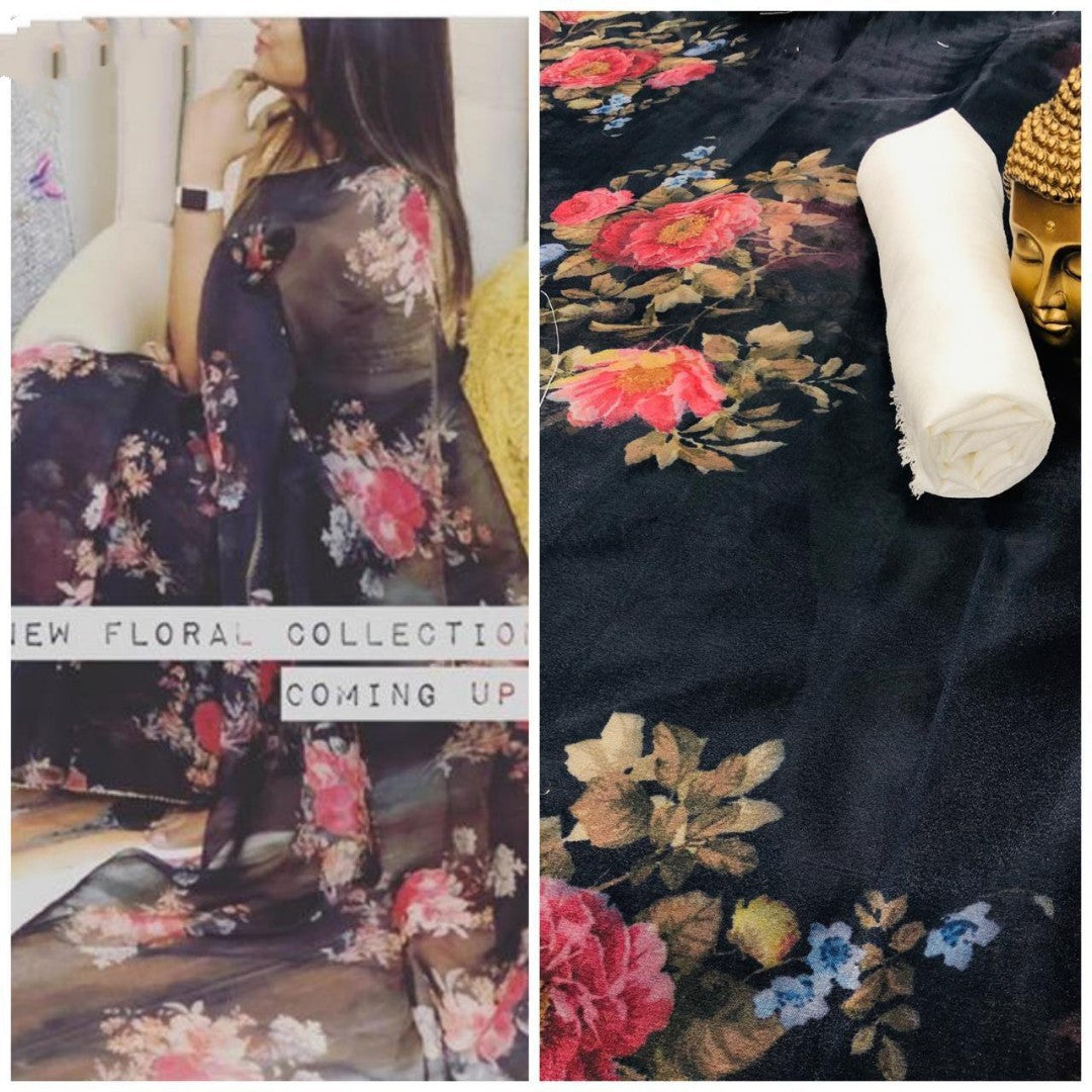 black orgenza digital floral printed saree