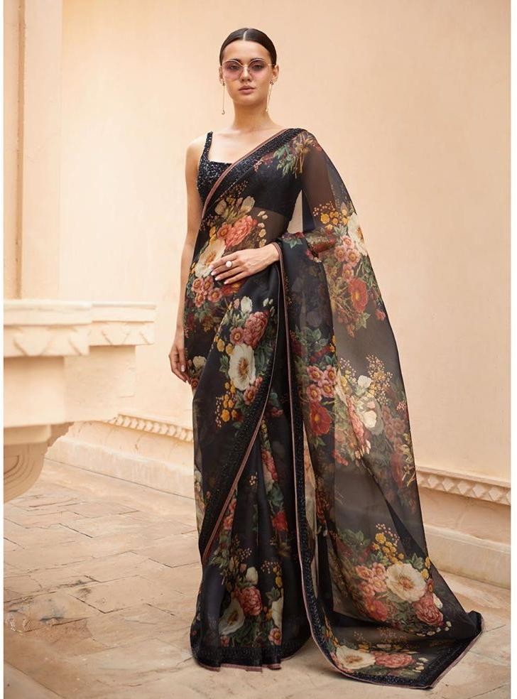 Black orgenza floral printed designer partywear saree