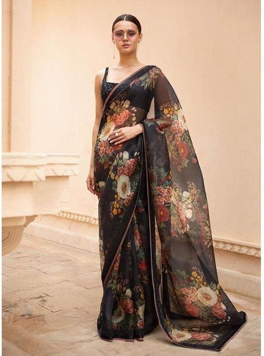 Black orgenza floral printed designer partywear saree