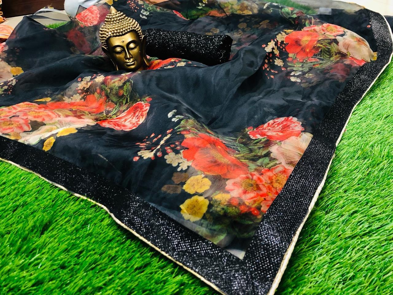 Black orgenza floral printed designer partywear saree