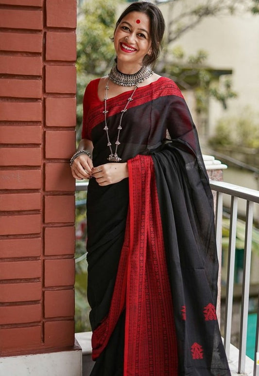 Black original chanderi linen digital printed work saree