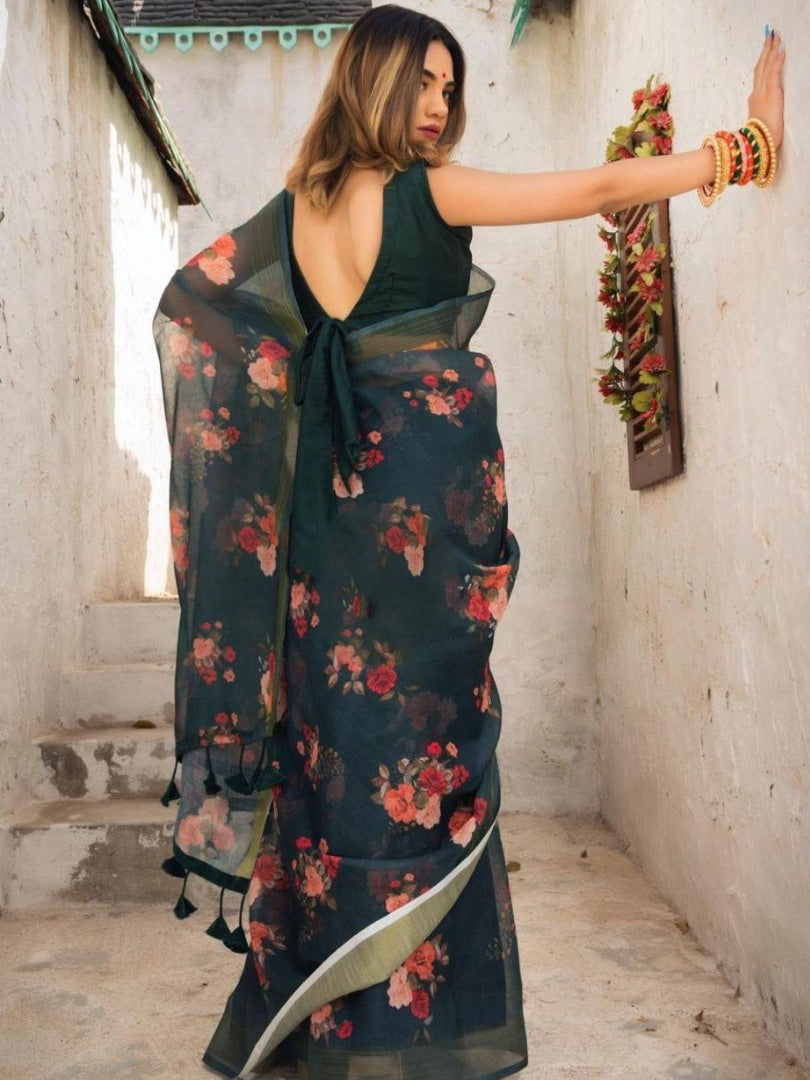 Black original linen digital printed work saree