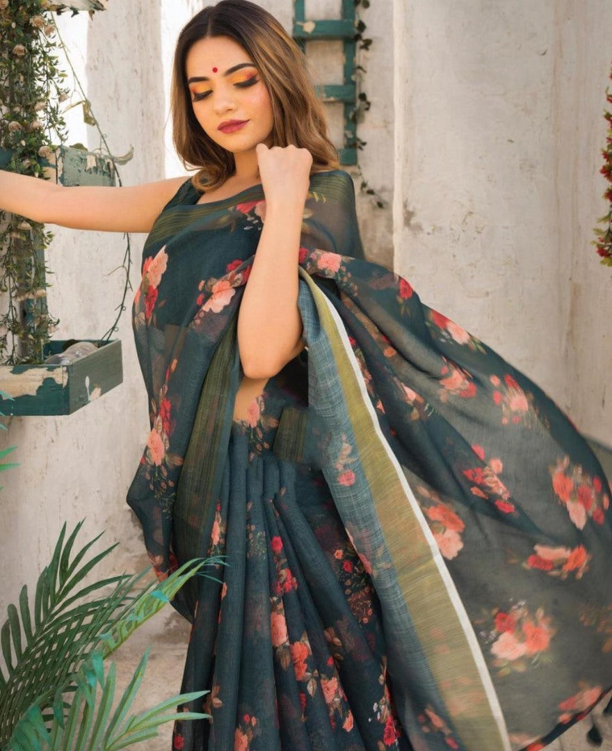 Black original linen digital printed work saree