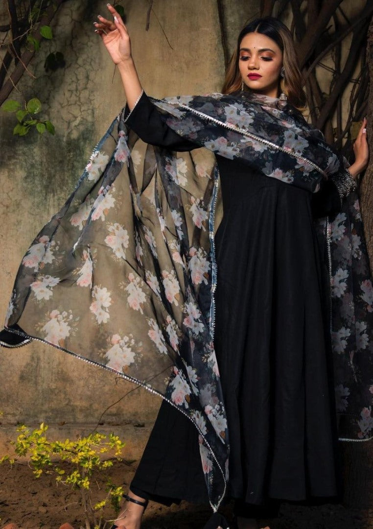 Black P C cotton party wear gown with lace work dupatta