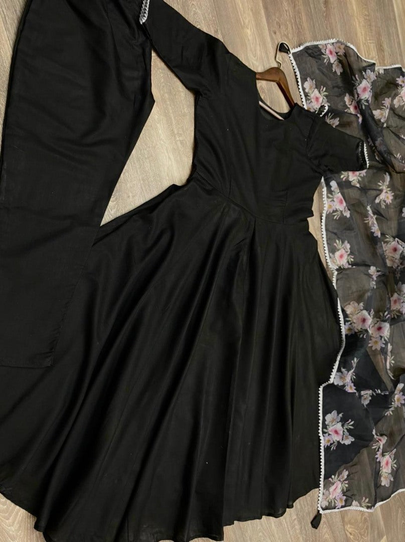 Black P C cotton party wear gown with lace work dupatta