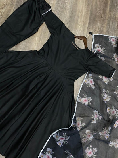 Black P C cotton party wear gown with lace work dupatta