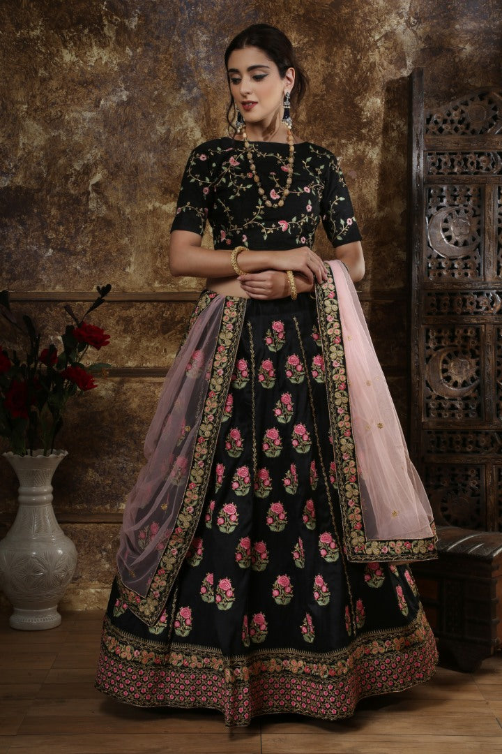 Black phantom silk heavy designer embroidered wedding lehenga choli