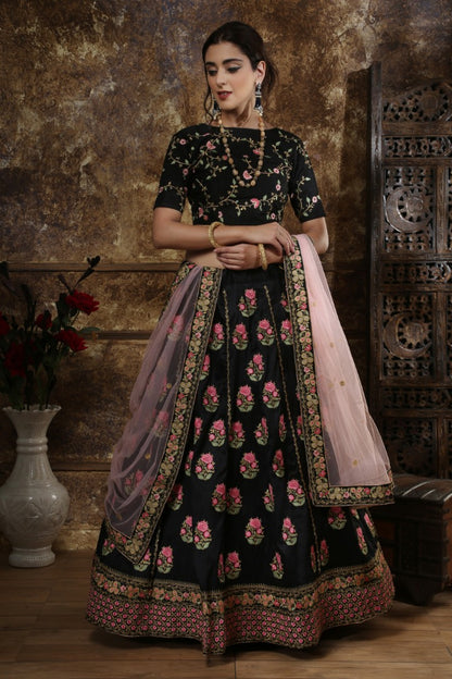 Black phantom silk heavy designer embroidered wedding lehenga choli