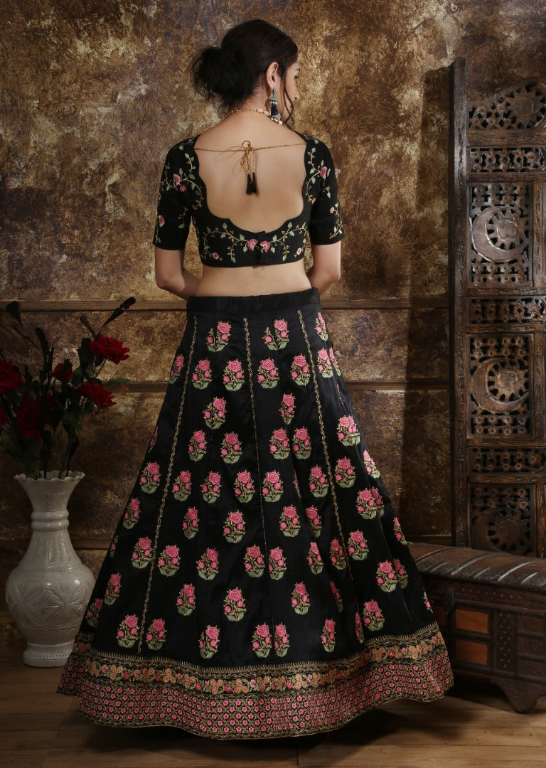 Black phantom silk heavy designer embroidered wedding lehenga choli