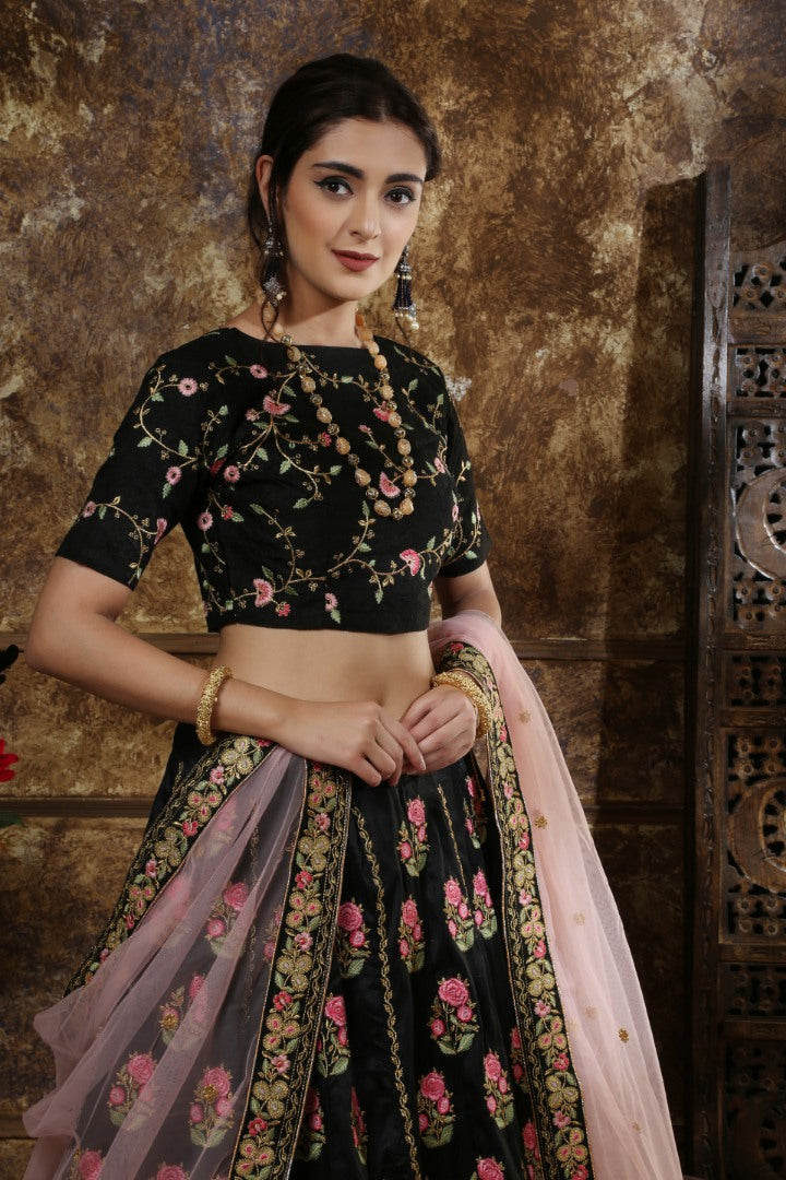 Black phantom silk heavy designer embroidered wedding lehenga choli