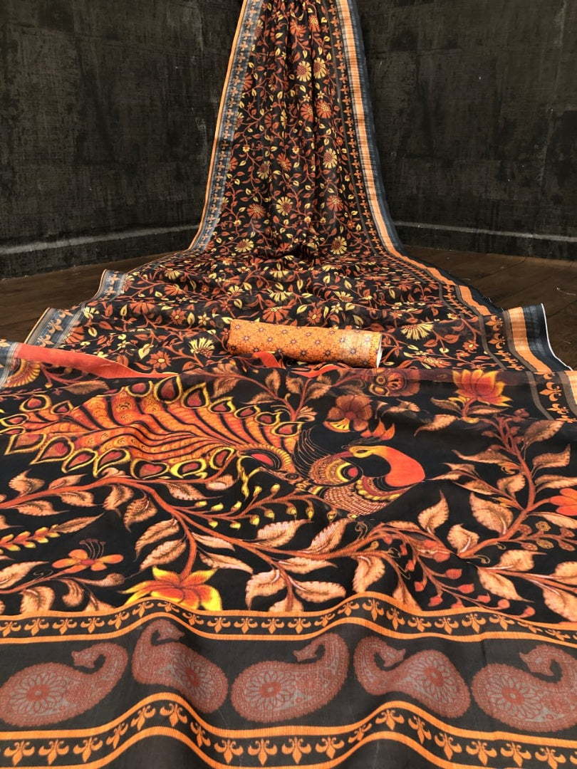 Black premium linen kalamkari digital printed work designer saree