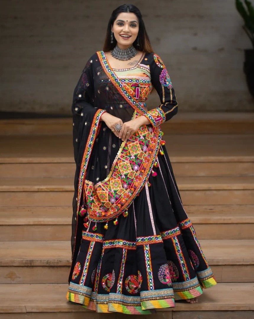 Black print and mirror work gujarati garba navratri ghagra lehenga chaniya choli