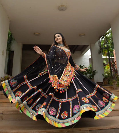 Black print and mirror work gujarati garba navratri ghagra lehenga chaniya choli