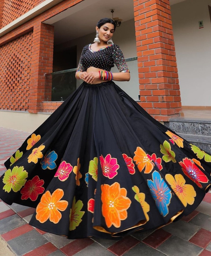 Black print mirror work gujarati garba navratri ghagra lehenga chaniya choli