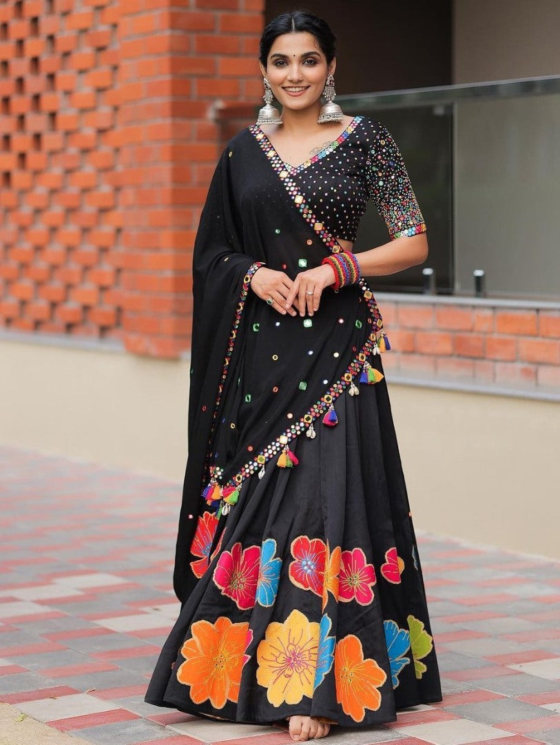 Black print mirror work gujarati garba navratri ghagra lehenga chaniya choli