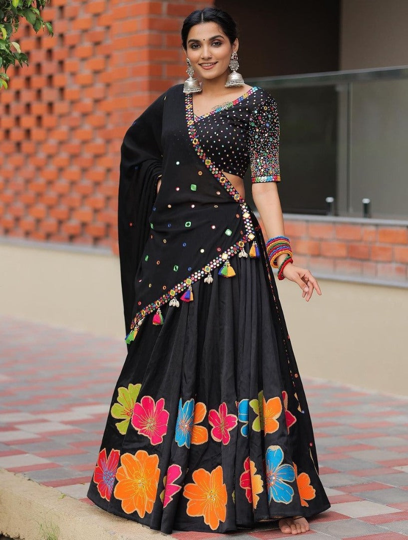 Black print mirror work gujarati garba navratri ghagra lehenga chaniya choli