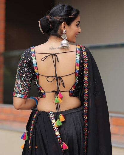 Black print mirror work gujarati garba navratri ghagra lehenga chaniya choli