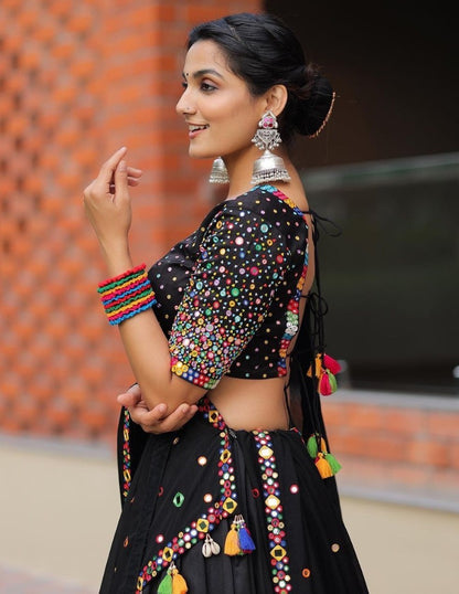 Black print mirror work gujarati garba navratri ghagra lehenga chaniya choli