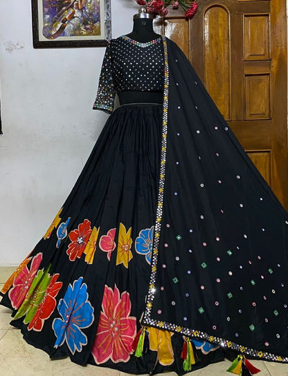 Black print mirror work gujarati garba navratri ghagra lehenga chaniya choli