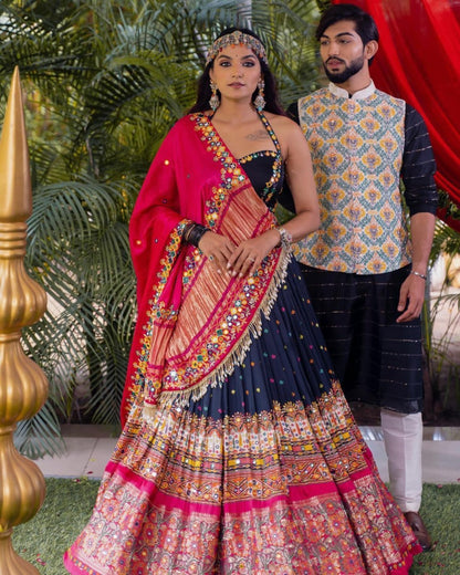 Black print mirror work gujarati garba navratri lehenga chaniya choli