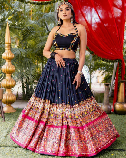 Black print mirror work gujarati garba navratri lehenga chaniya choli