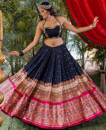Black print mirror work gujarati garba navratri lehenga chaniya choli
