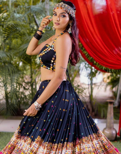 Black print mirror work gujarati garba navratri lehenga chaniya choli