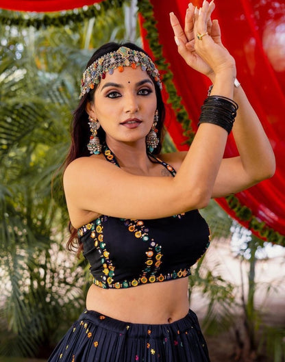 Black print mirror work gujarati garba navratri lehenga chaniya choli