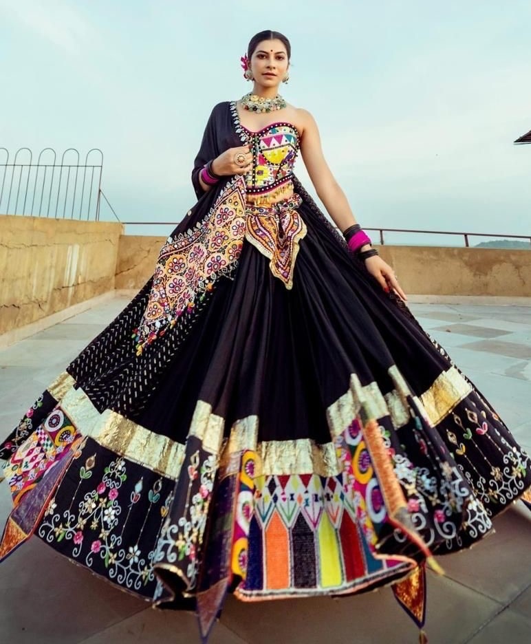 Black printed and mirror work gujarati garba navratri lehenga chaniya choli