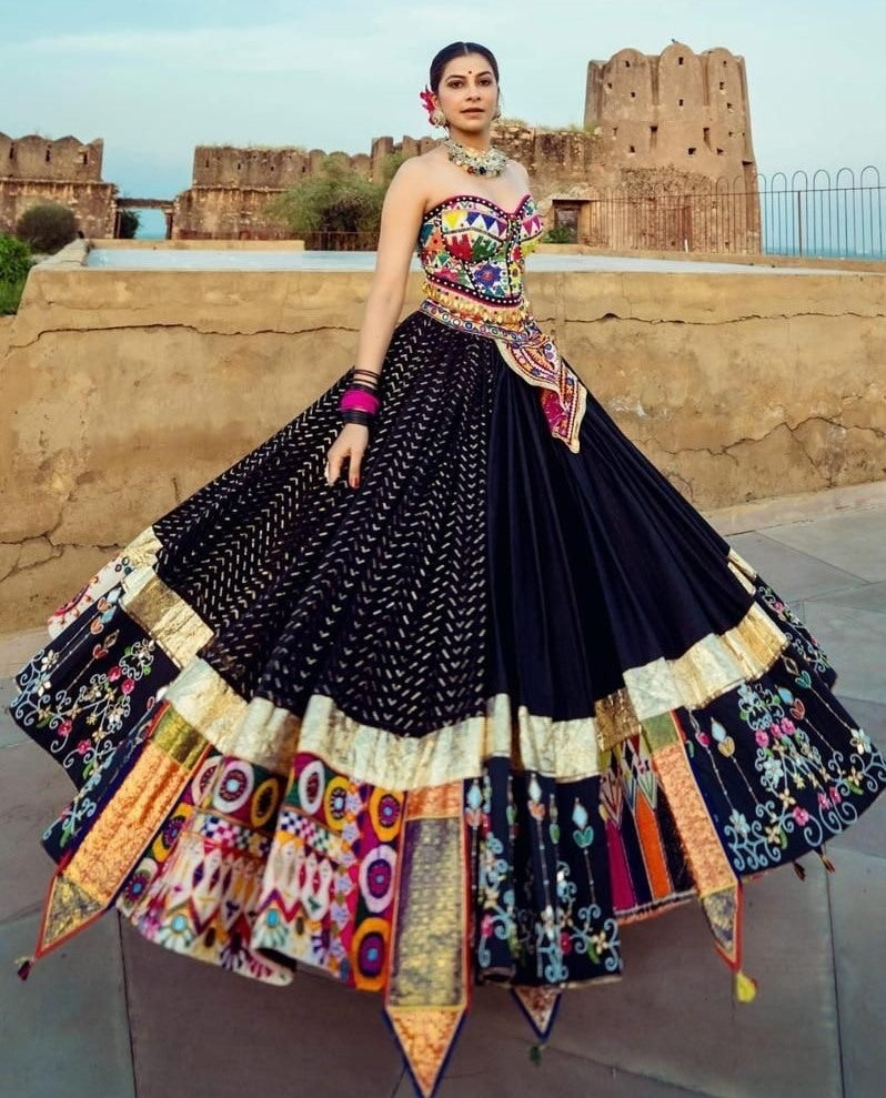 Black printed and mirror work gujarati garba navratri lehenga chaniya choli