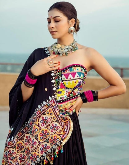 Black printed and mirror work gujarati garba navratri lehenga chaniya choli