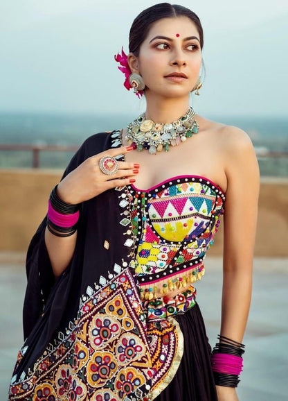 Black printed and mirror work gujarati garba navratri lehenga chaniya choli