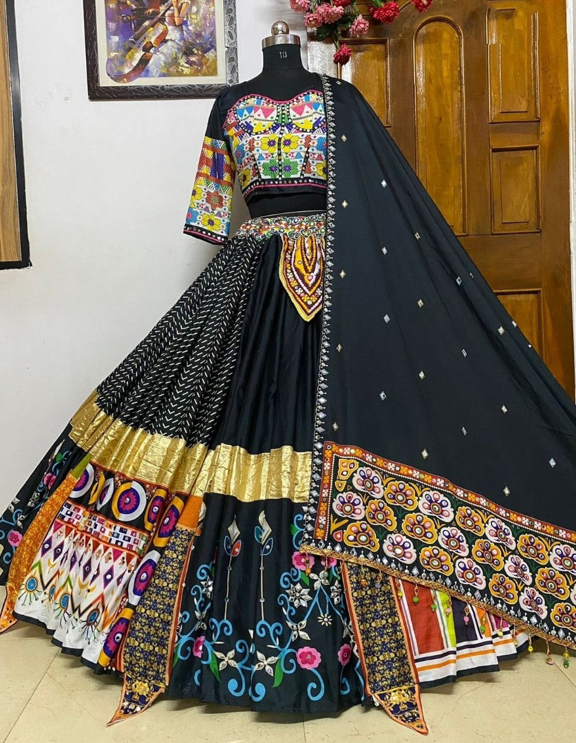 Black printed and mirror work gujarati garba navratri lehenga chaniya choli