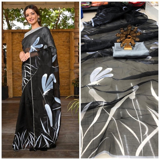 Black printed organza saree
