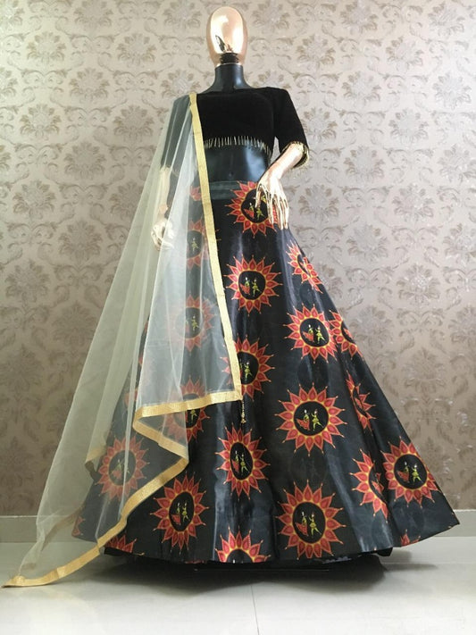 Black printed zari satin lehenga choli