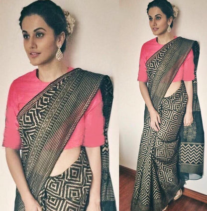 black pure chander cotton printed partywear saree