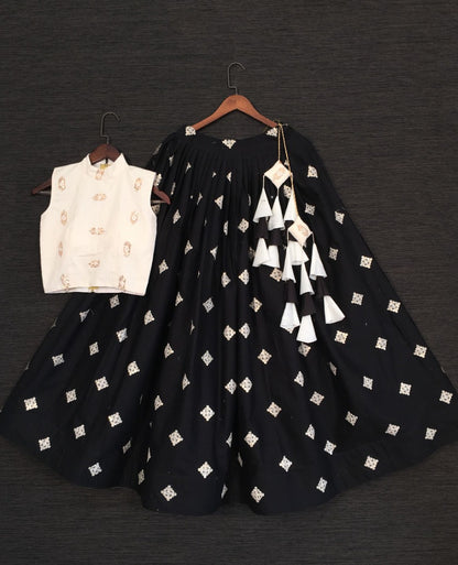 Black pure cotton embroidered crop top lehenga