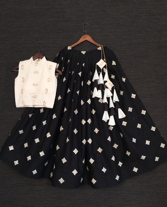 Black pure cotton embroidered crop top lehenga