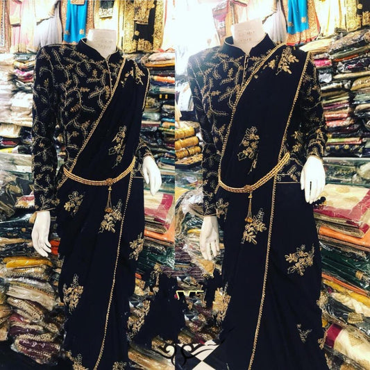 Black pure georgette designer embroidered partywear saree