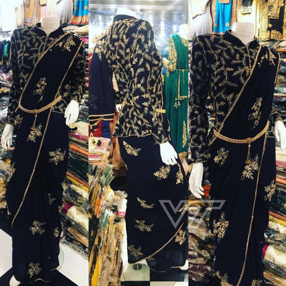 Black pure georgette designer embroidered partywear saree